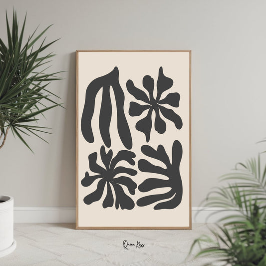 Abstract Black Beige Botanical Blossoms Wall Art, Minimalist Instant Printable Poster, Modern Home Aesthetic Decor, Boho Nature Inspired Art