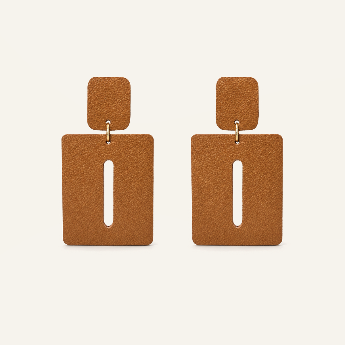 Cognac Tan Column Drop geometric genuine leather earrings